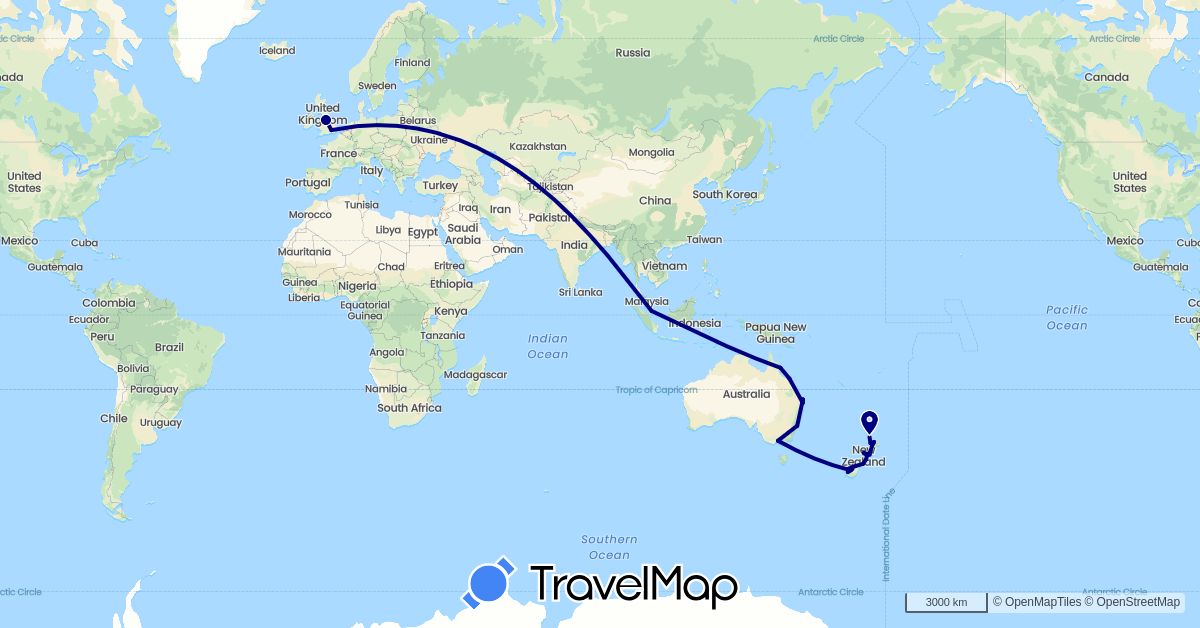 TravelMap itinerary: driving in Australia, United Kingdom, New Zealand, Singapore (Asia, Europe, Oceania)